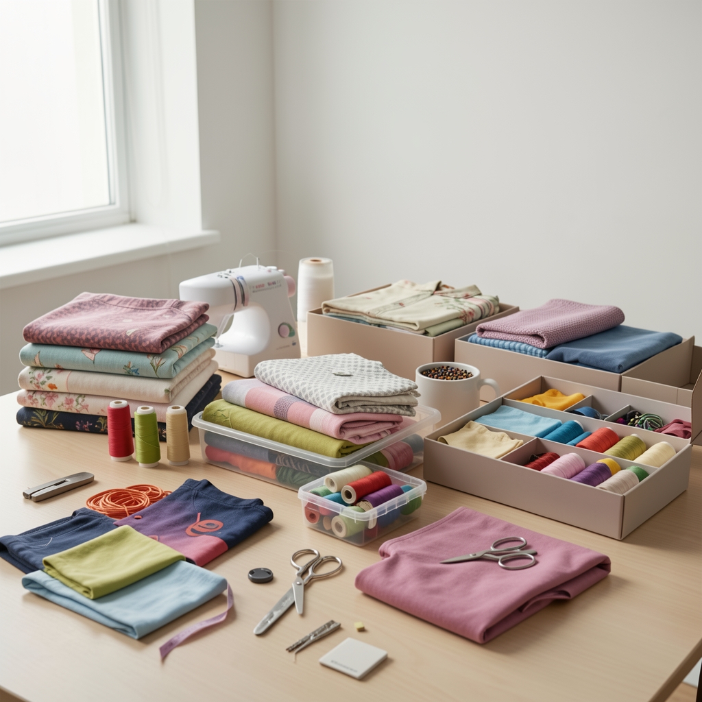 Accesorii de cusut, mostre textile și cutii de organizare aranjate într-un spațiu fără persoane