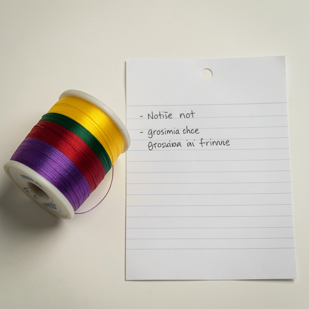 Bobine colorate lângă o fișă cu notițe despre grosimea firului