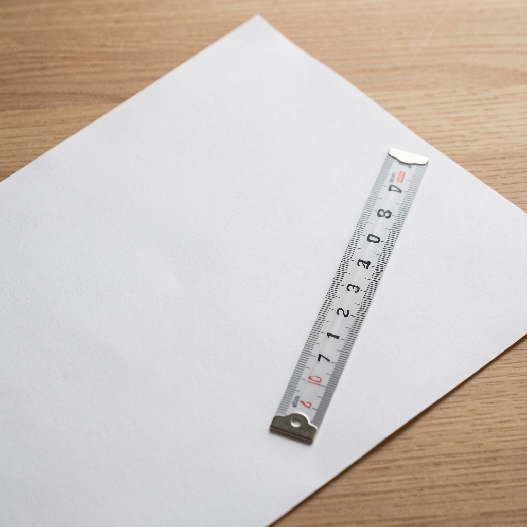 Centimetru flexibil cu gradații clare lângă un tipar din hârtie fără persoane