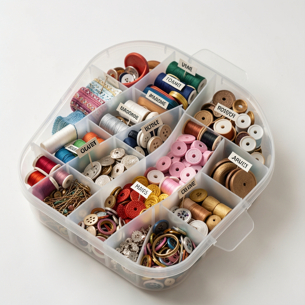 Organizator pentru accesorii de cusut cu compartimente etichetate