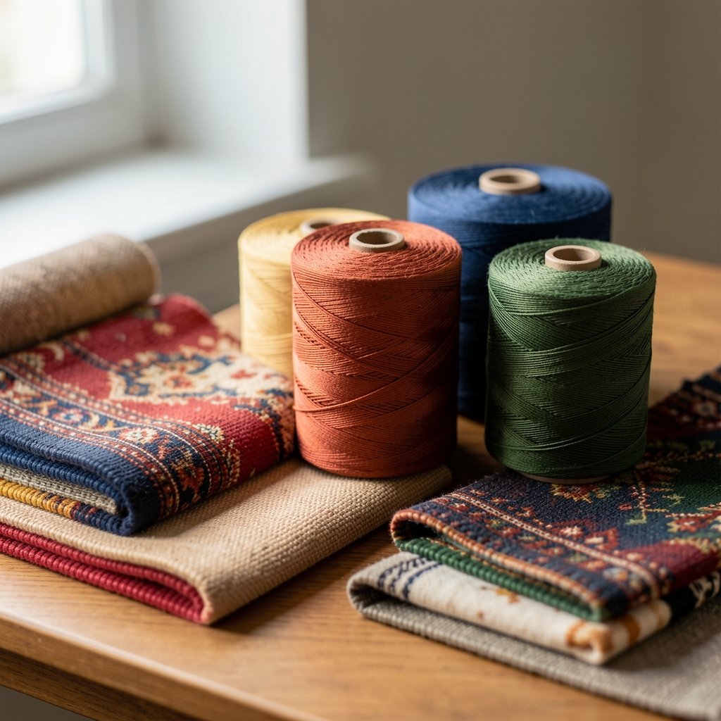 Bobine de fire în nuanțe diferite așezate lângă mostre textile