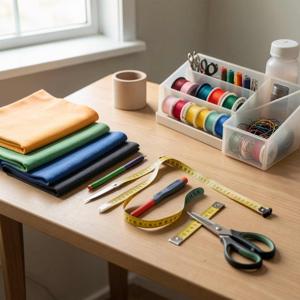 Masă de lucru cu fire colorate, foarfece textile, ruletă flexibilă și organizatoare pentru accesorii, fără persoane