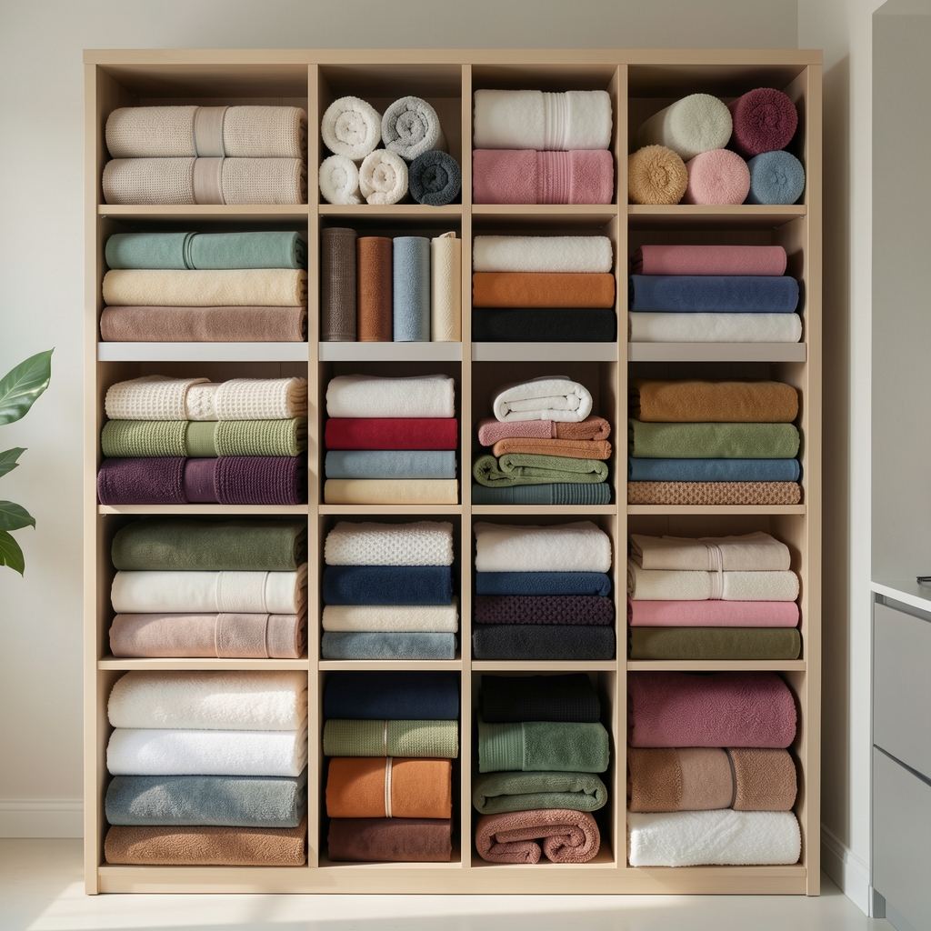Sertar cu accesorii textile ordonate pe categorii și culori fără persoane
