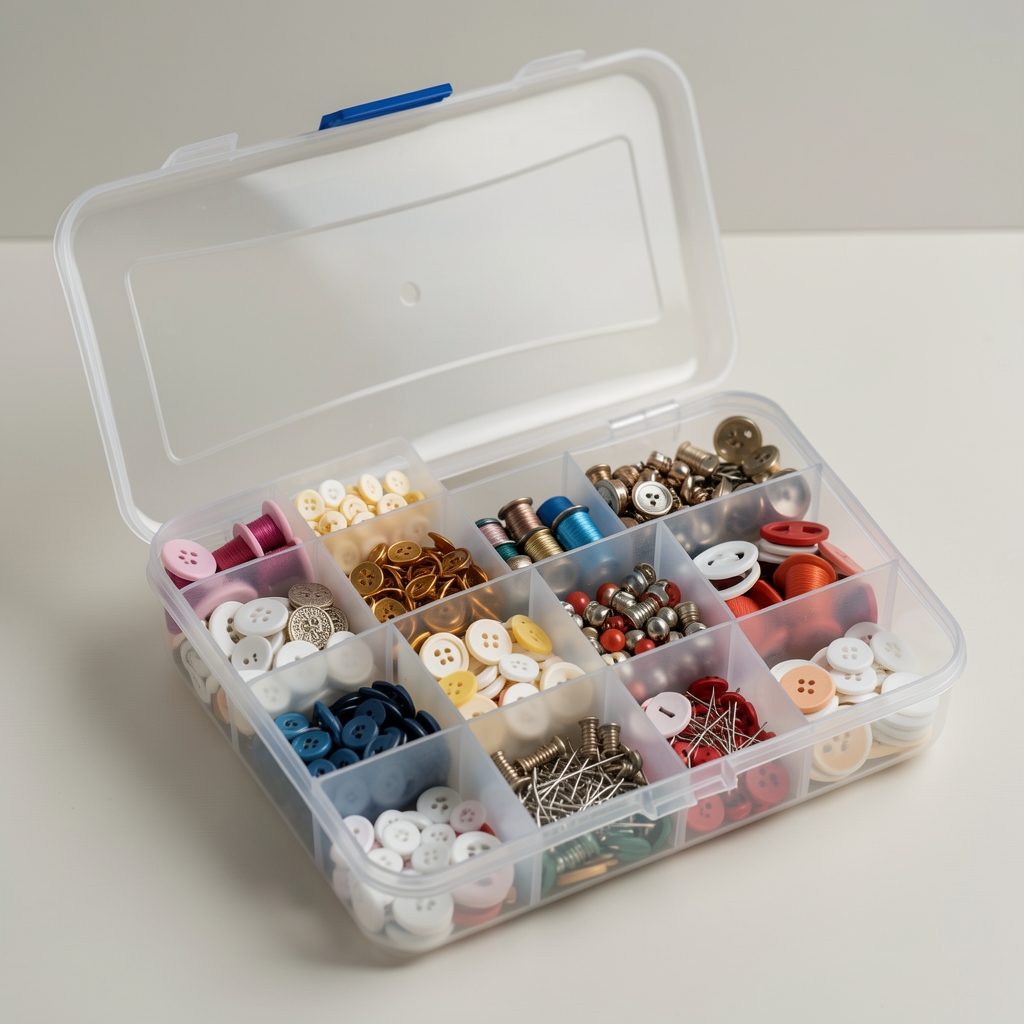 Organizator transparent cu compartimente pentru nasturi, ace, capse și alte accesorii de cusut