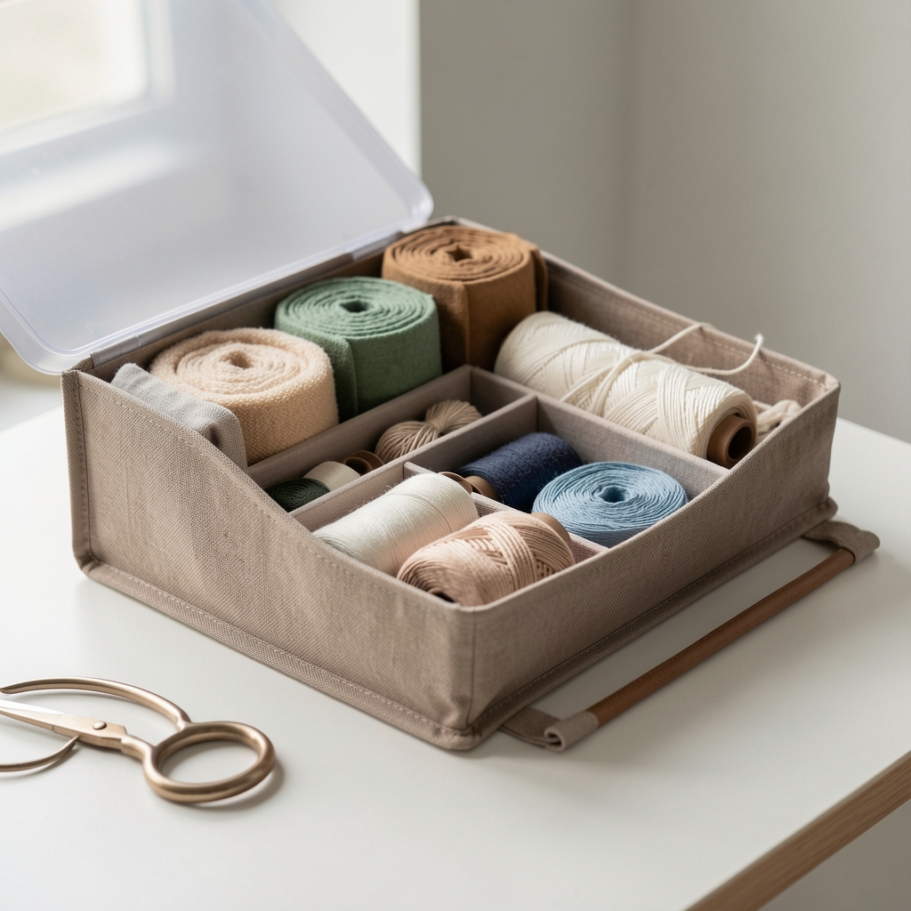 Organizator compact pentru bobine și accesorii textile pe o masă curată