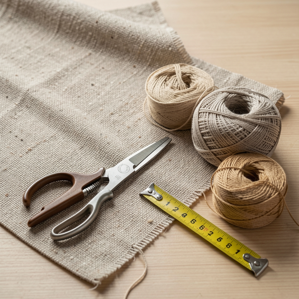 Desfăcător, centimetru și bobine de ață așezate lângă un petic textil fără persoane