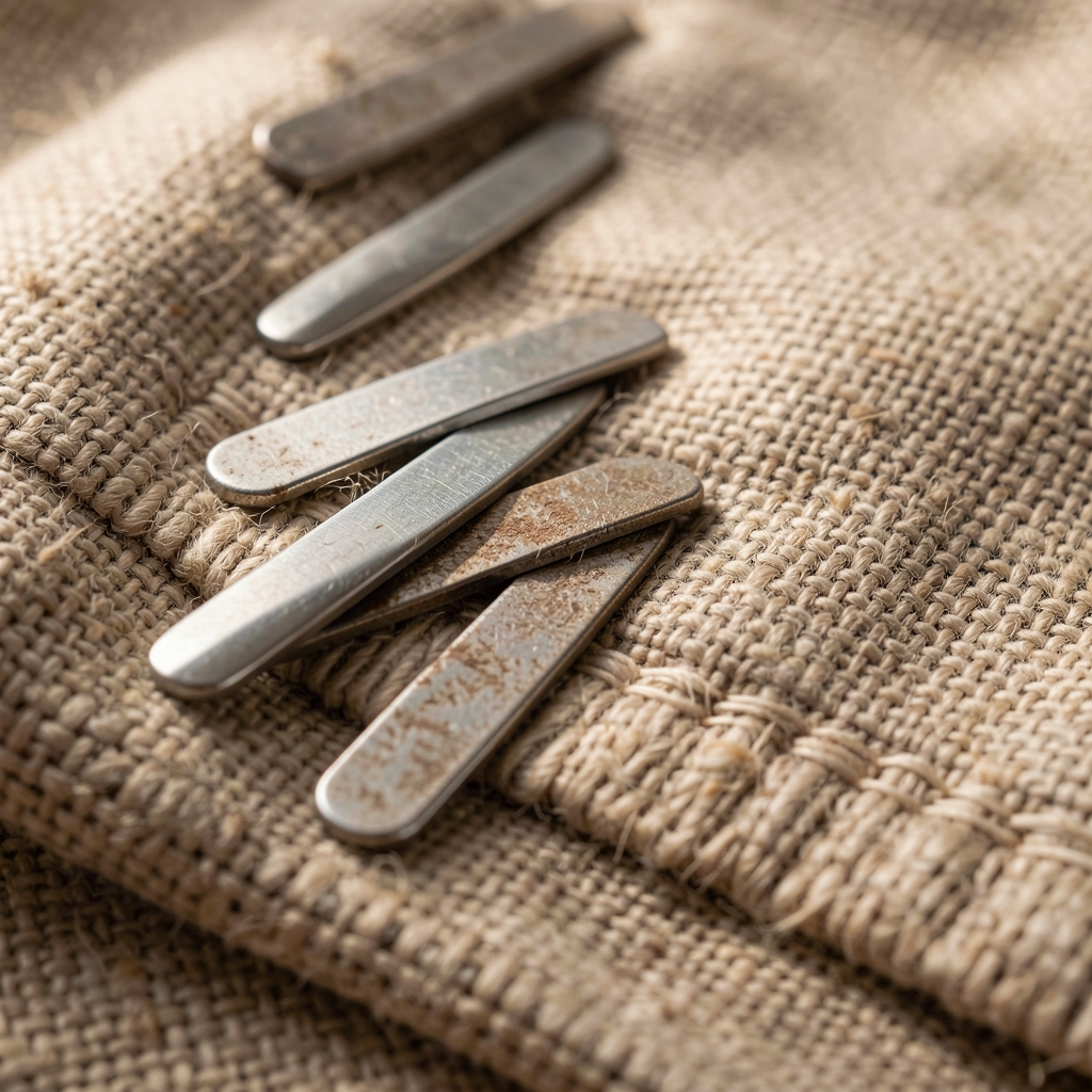 Foarfece textile cu lame metalice lângă marginea unei țesături de in