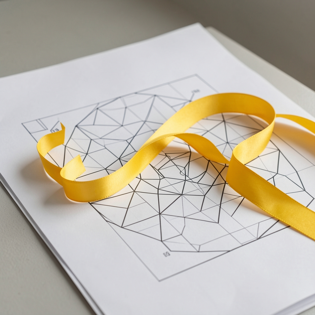 Ruletă flexibilă galbenă întinsă lângă un tipar geometric pe hârtie